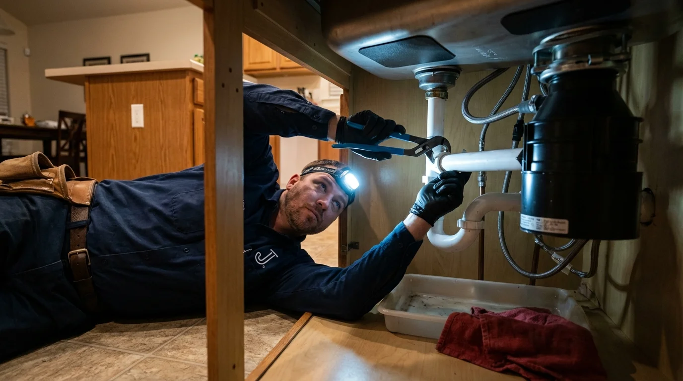 P-trap and supply line connections under a kitchen sink showing a common leak point in Long Beach, CA